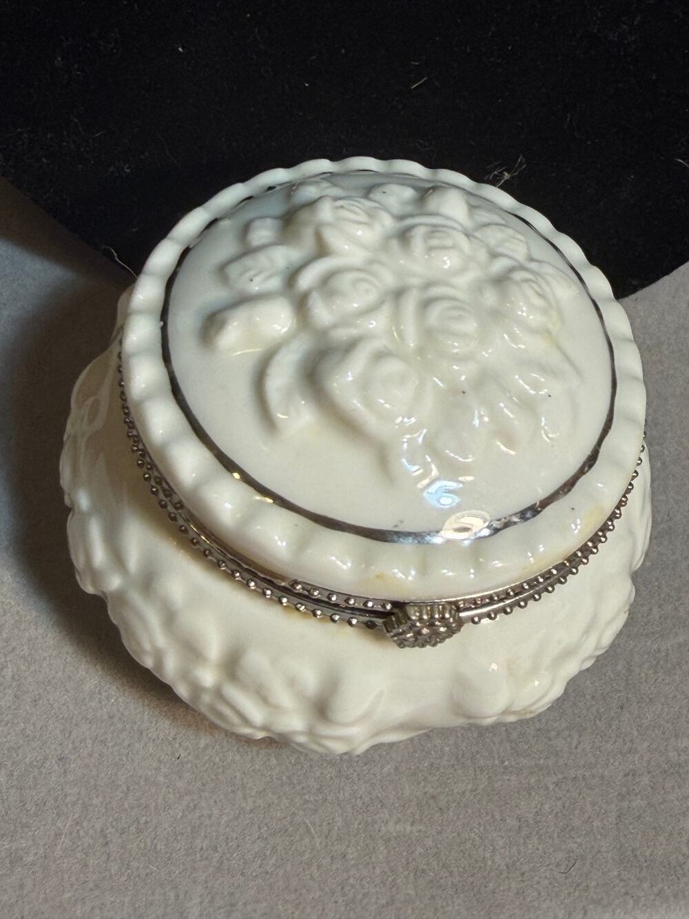 1980s Diamonique Porcelain Trinket Box Cream Gold Trim Hinged Lid Collectible